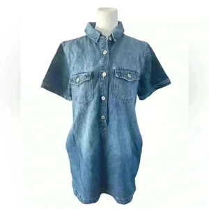 Kancan Denim Shirt Dress Button Front Short Sleeve Blue Jean Mini Dress- Pockets